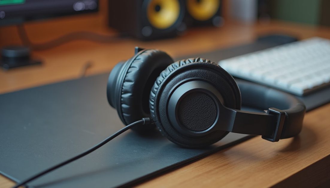 Unbranded headphones and a blank record sleeve on a recording-room desk.