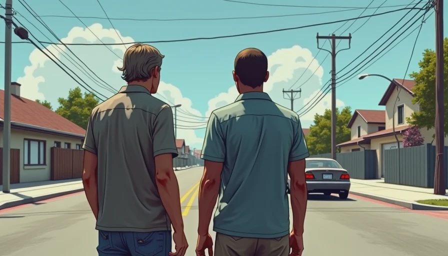 Concept illustration of two friends at a West Coast street corner
