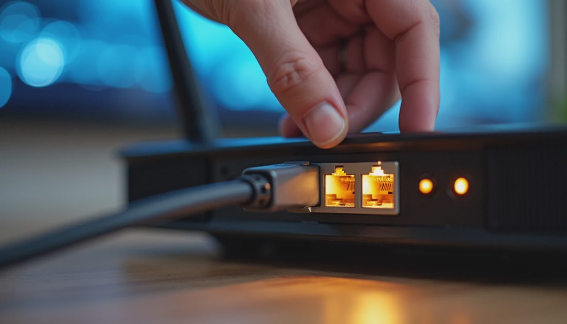 Hand connecting an Ethernet cable to a home router before a console download.