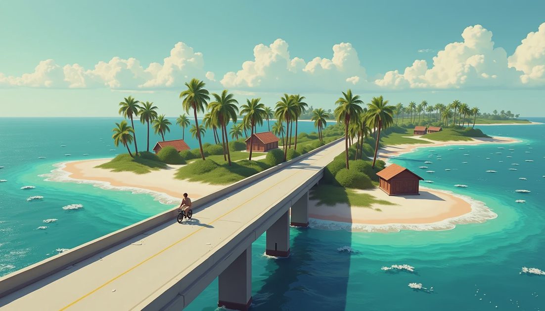 Conceptual illustration of a causeway connecting two subtropical islands, not an official game location.