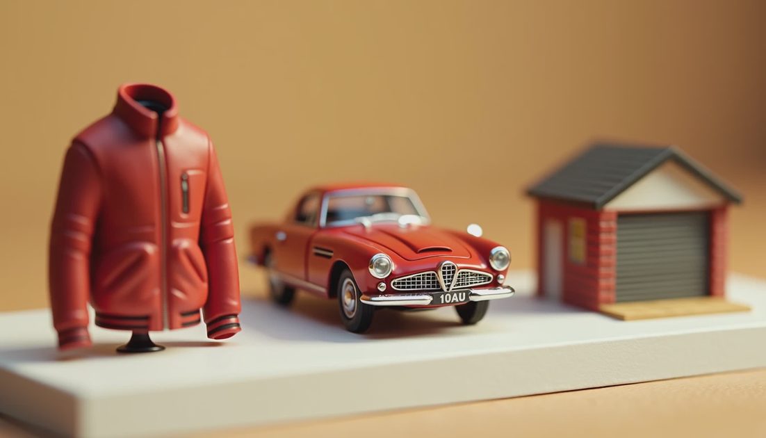 Miniature car, clothing, and garage illustrating categories of optional game content.