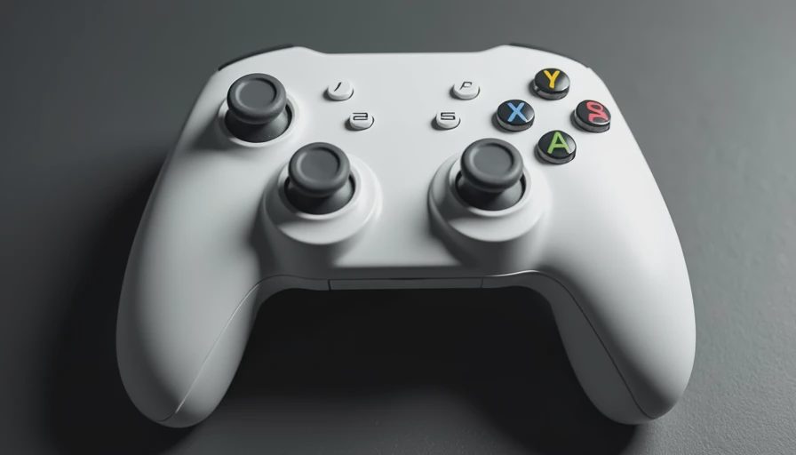 Close-up of an unbranded controller with abstract waves illustrating haptic and trigger features.
