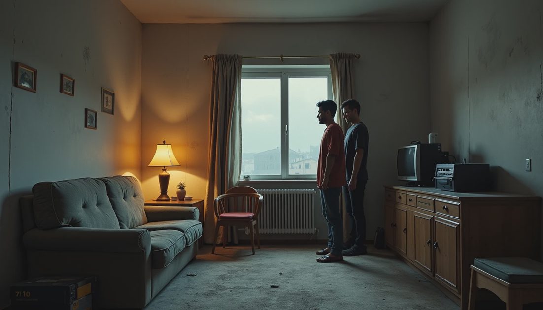 Concept illustration of two relatives in a small apartment