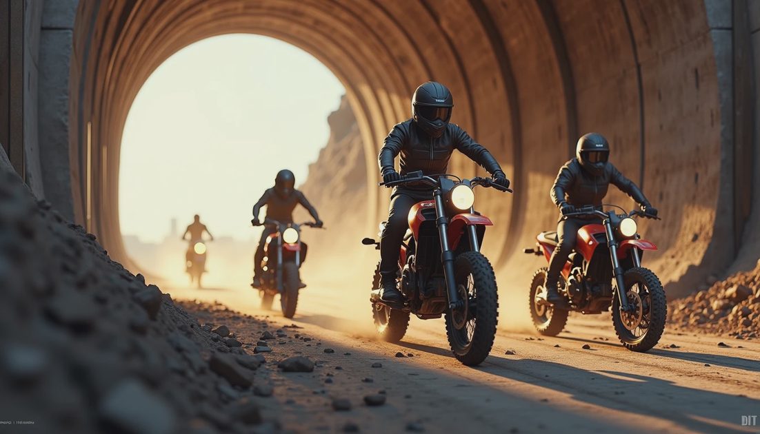 Concept illustration of motorcyclists entering a construction tunnel