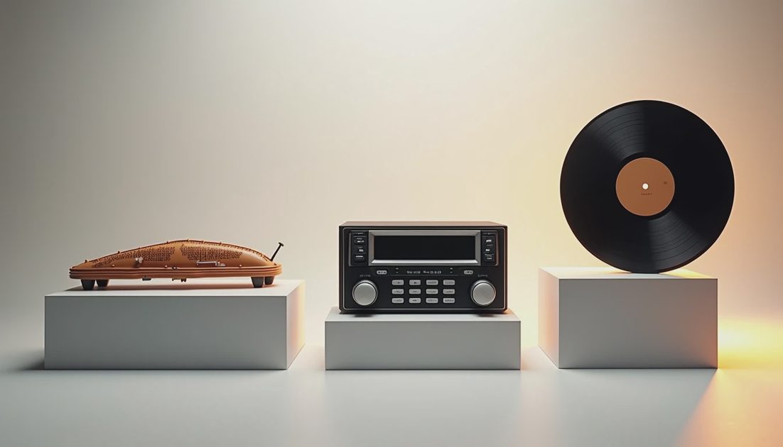 Instrument, radio, and record models illustrating score, in-game radio, and soundtrack categories.