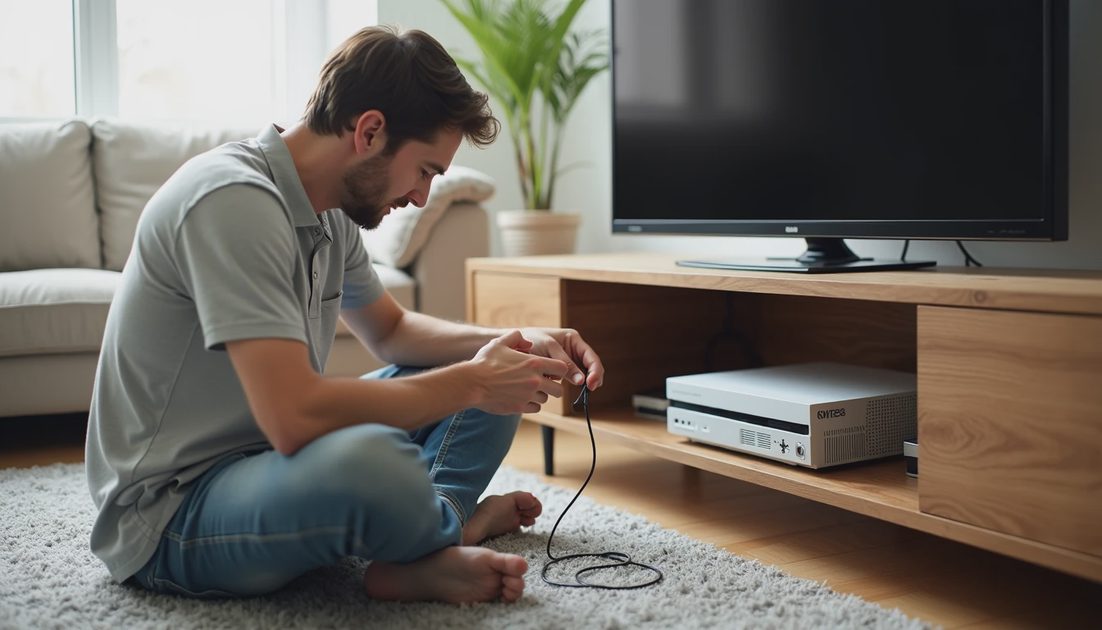 Player checking an existing console inside a living-room television cabinet.