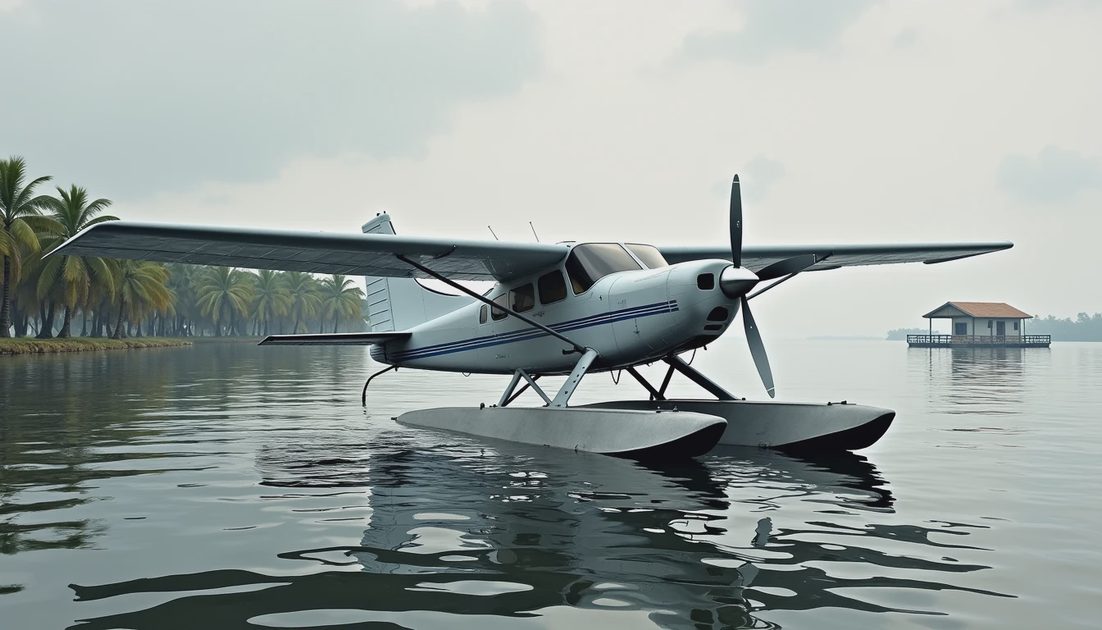 Fictional floatplane resting in a sheltered bay, illustrating a vehicle category rather than a confirmed model.
