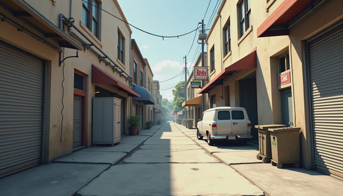 Conceptual small-town service alley illustrating how everyday spaces can support city analysis.