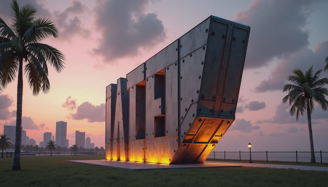 Editorial illustration of a floodlit metal landmark beneath a dusk sky