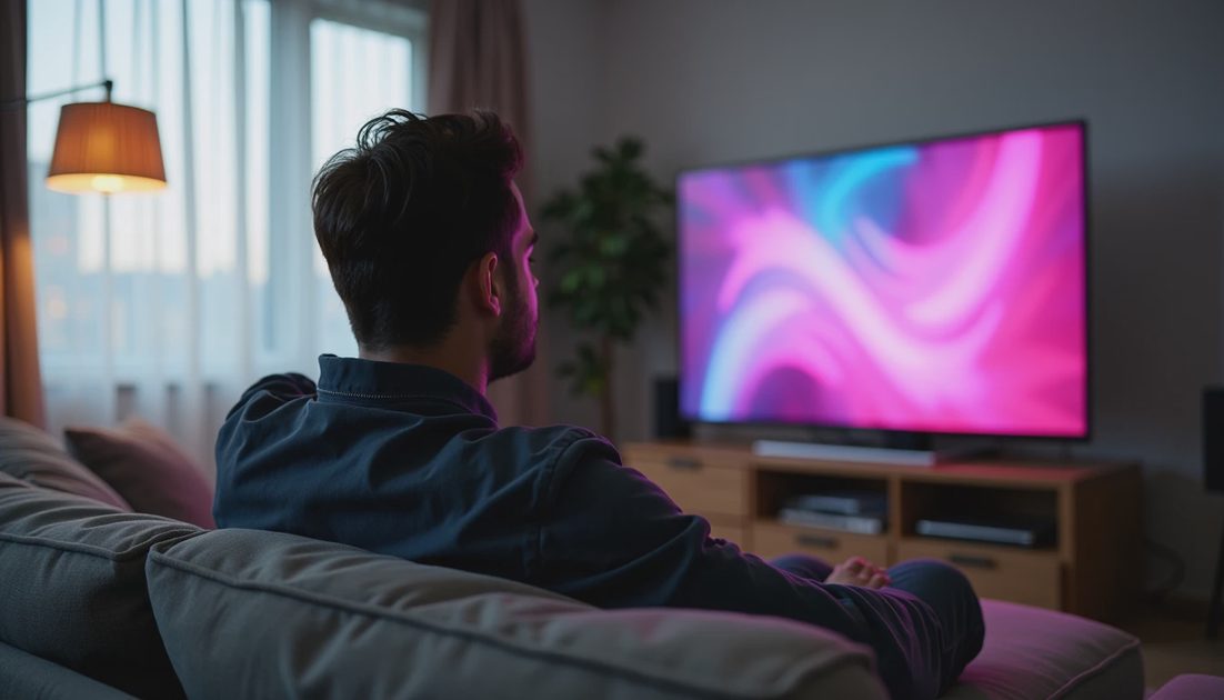 Viewer watching an abstract video screen in a softly lit living room.