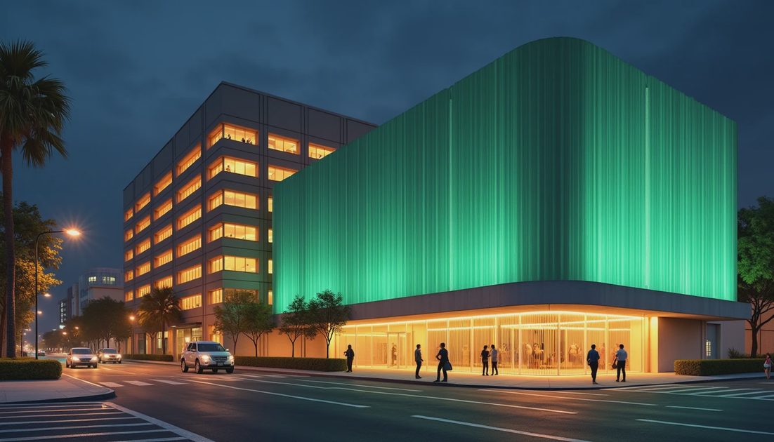 Editorial illustration contrasting warm windows with cool architectural lighting