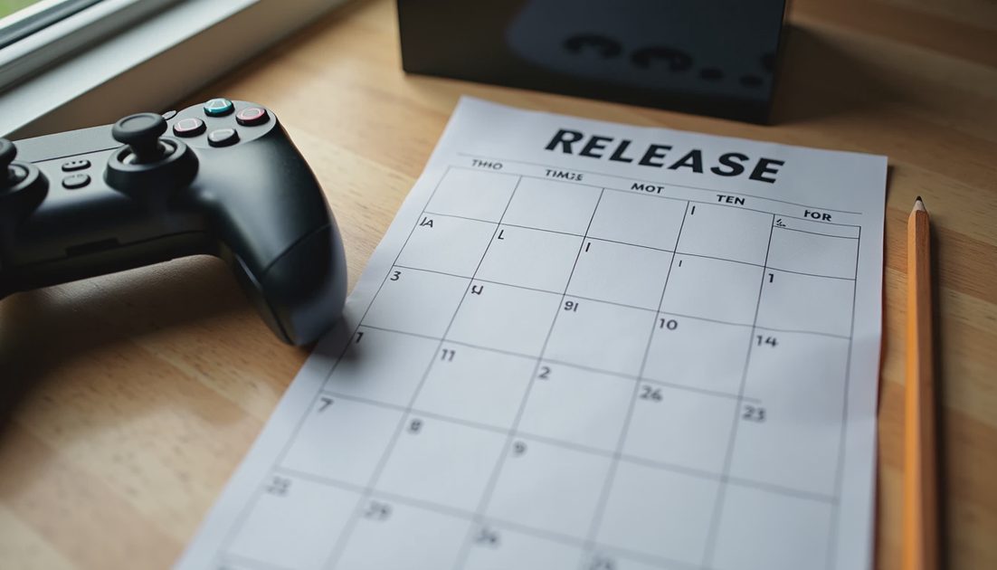 Unbranded game controller beside a blank calendar for release planning.