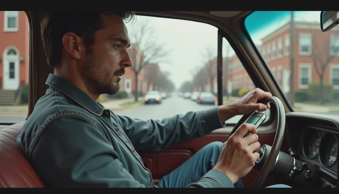 Concept illustration of a driver watching a street while using a phone