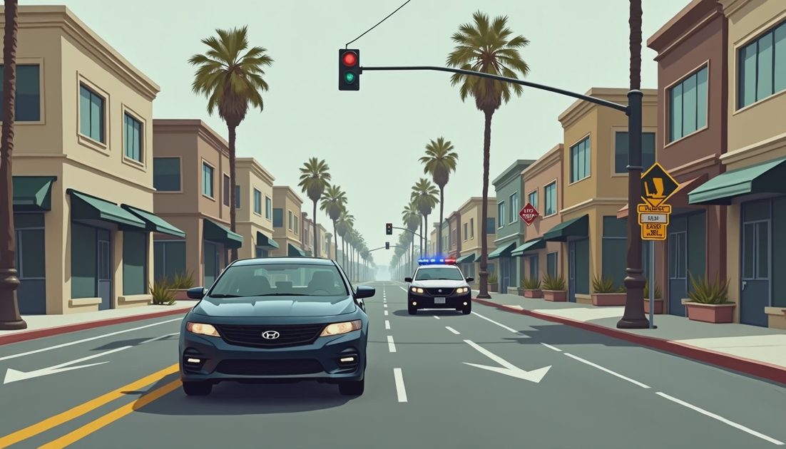 Conceptual city intersection with civilian and police vehicles, without gameplay indicators.